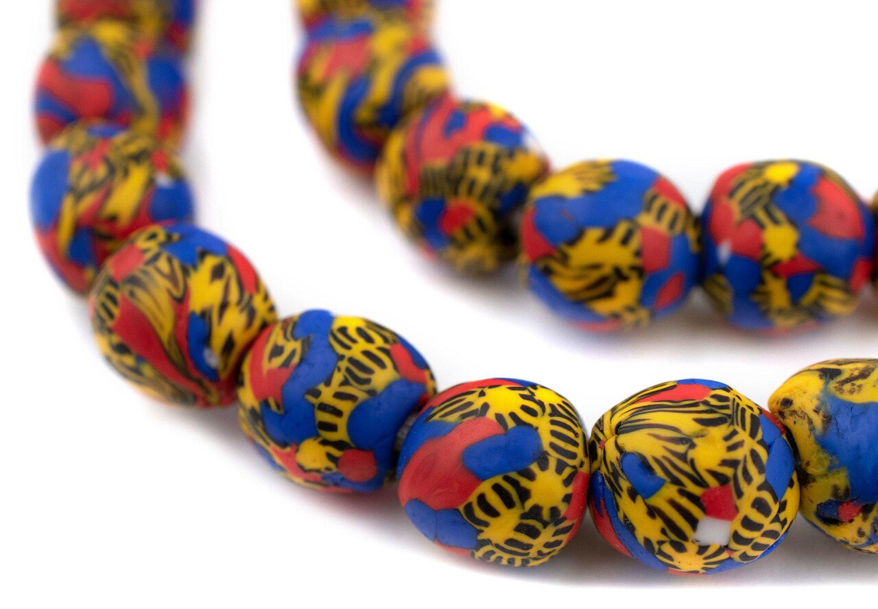 The Bead Chest Bawku Bumblebee Fused Recycled Glass Beads 14mm Ghana African Multicolor Round Large Hole 30 Inch Strand Handmade Fair Trade